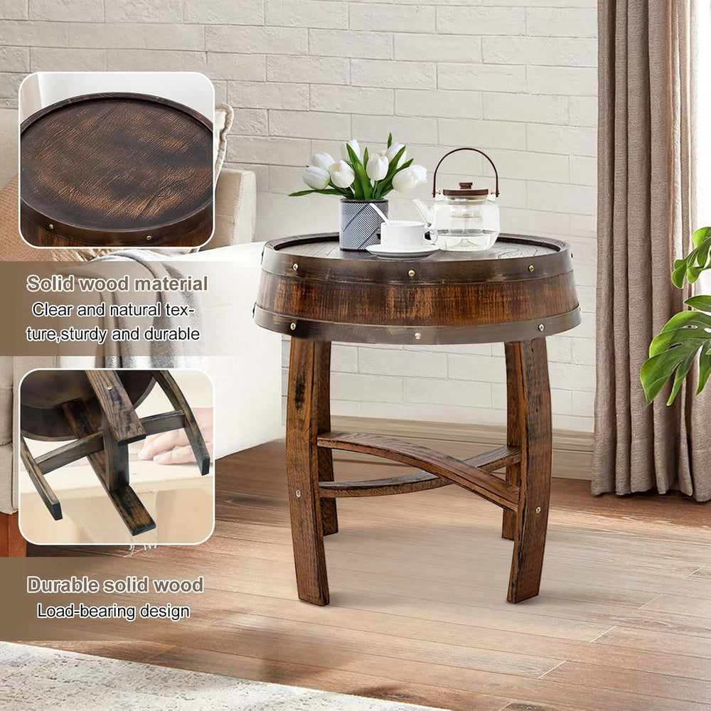 Whiskey Barrel End Table,Round Wood Wine Barrel Side Table Outdoor,Rustic Win...