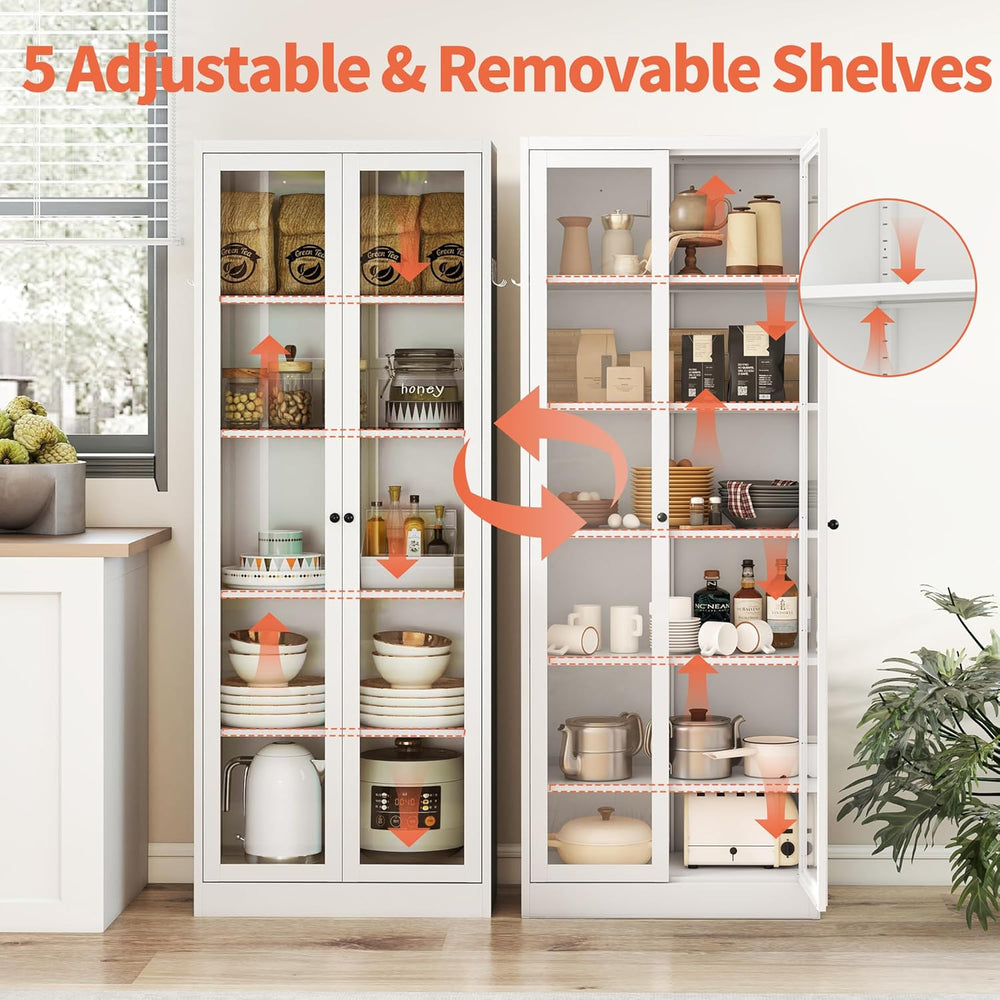 IKIMI 72" Metal Storage Cabinets with Glass Doors and 5 Shelves,White Ki...