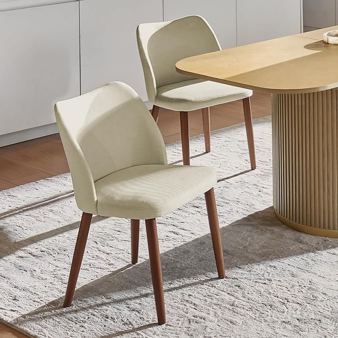 Dining Chairs Set of 2, Upholstered Kitchen Dining Room Chair Set Morden Accent Side Dinner Chair with Curved Padded Back Wood Legs for Restaurant/Cafe, Ivory