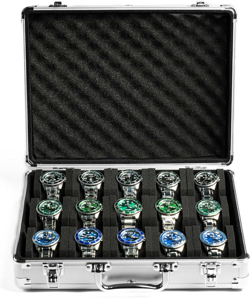 15 slots Watch organizer Case, Silver Aluminum watch storage box, hard watch travel box, padded case for watch display and organization