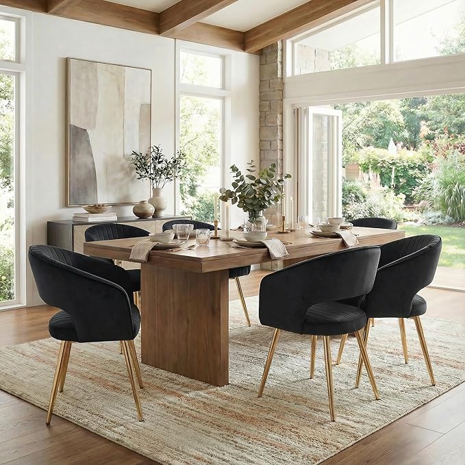 Black and Gold Velvet Dining Chairs, Modern Dining Room Chairs with Arms Set of 6 Upholstered Accent Chair Armchair with Barrel Back for Kitchen Living Room