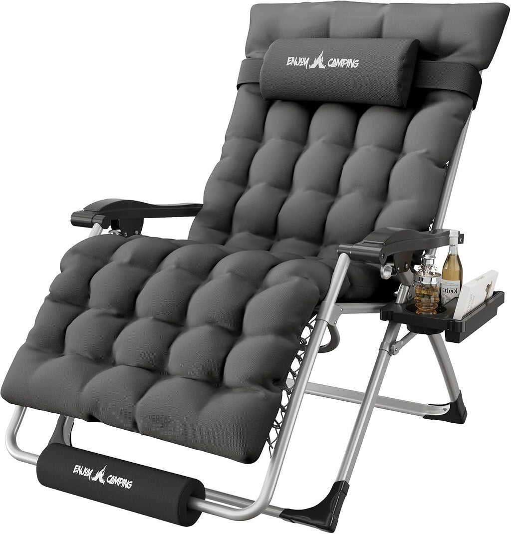 Oversized Zero Gravity Padded Chair XXL 33In Reclining Camping Lounge Chair | w/Removable Cushion & Headrest & Upgraded Lock & Footrest & Cup Holder Foldable Recliner for Indoor Outdoor,500LBS Capacity