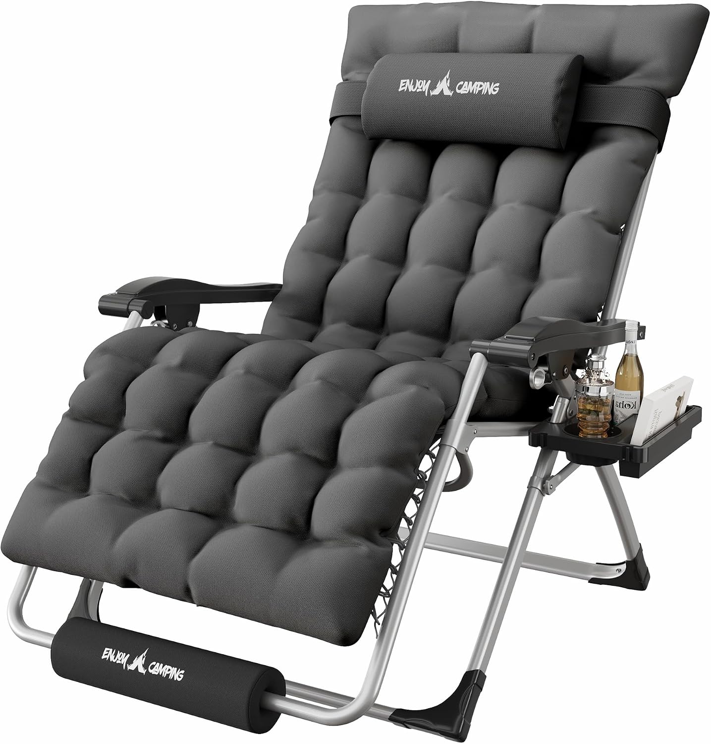 Oversized Zero Gravity Padded Chair XXL 33In Reclining Camping Lounge Chair | w/Removable Cushion & Headrest & Upgraded Lock & Footrest & Cup Holder Foldable Recliner for Indoor Outdoor,500LBS Capacity