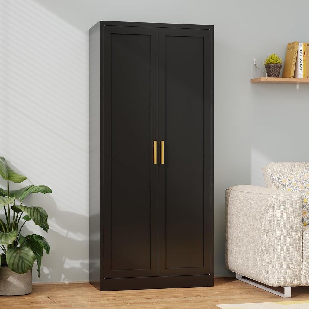 Metal Kitchen Pantry Cabinet, 71"H x 28"W x 14"D Cabinet with 2 Doors and 4 Adjustable Shelves, Kitchen Pantry Storage Cabinet, Metal Pantry Cabinet for Kitchen, Dining Room, Living Room-Black