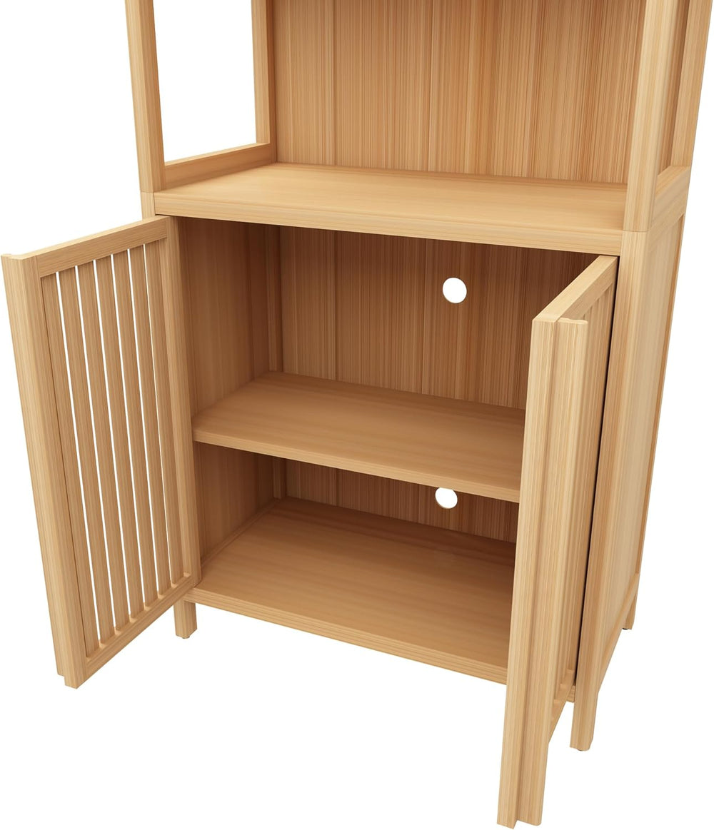 Tall Pantry Storage Cabinet, Bookcase Display Cabinet with Rattan Doors and S...