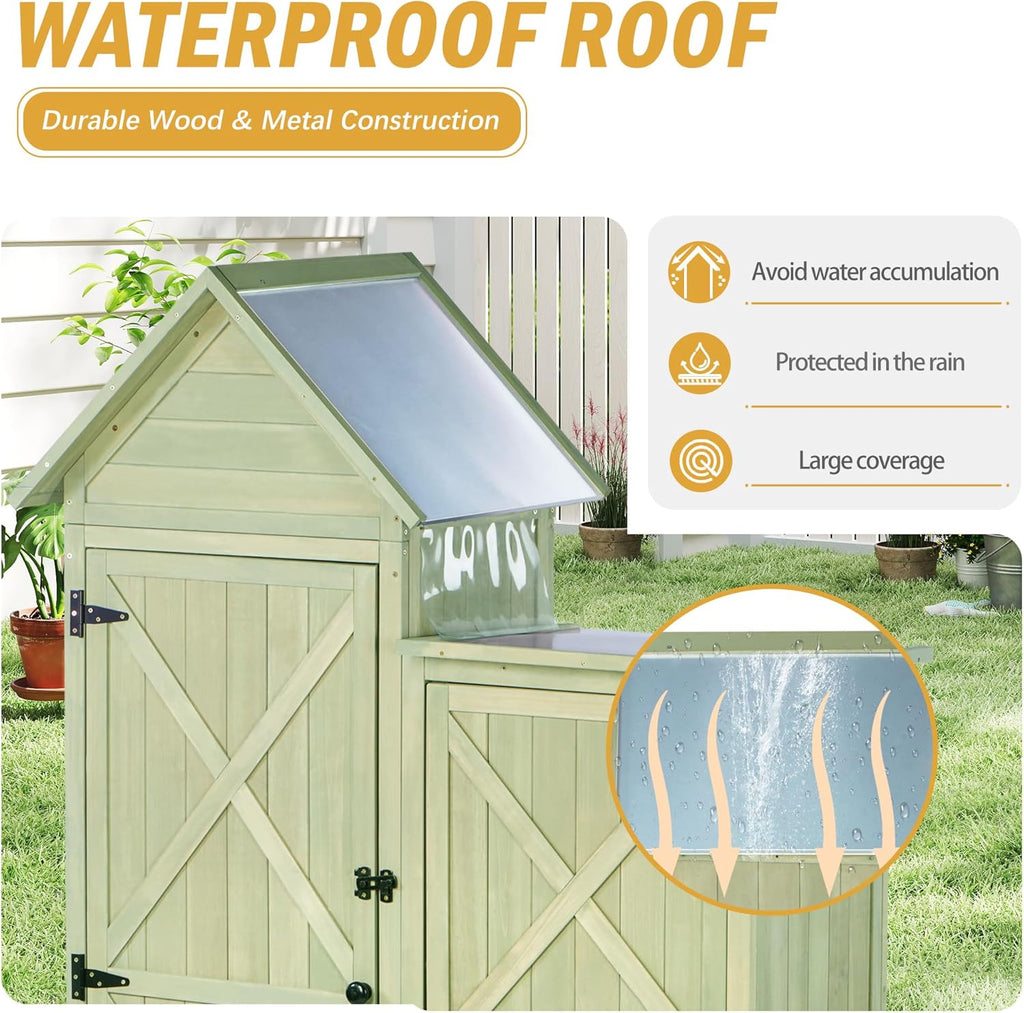 Outdoor Storage Cabinet - Waterproof Metal Roof & Wooden Vertical Design, Tall Garden Tool Shed with Multiple Shelves for Patio, Backyard, Lawn, Yard (Green, 22" x 46" x 67")