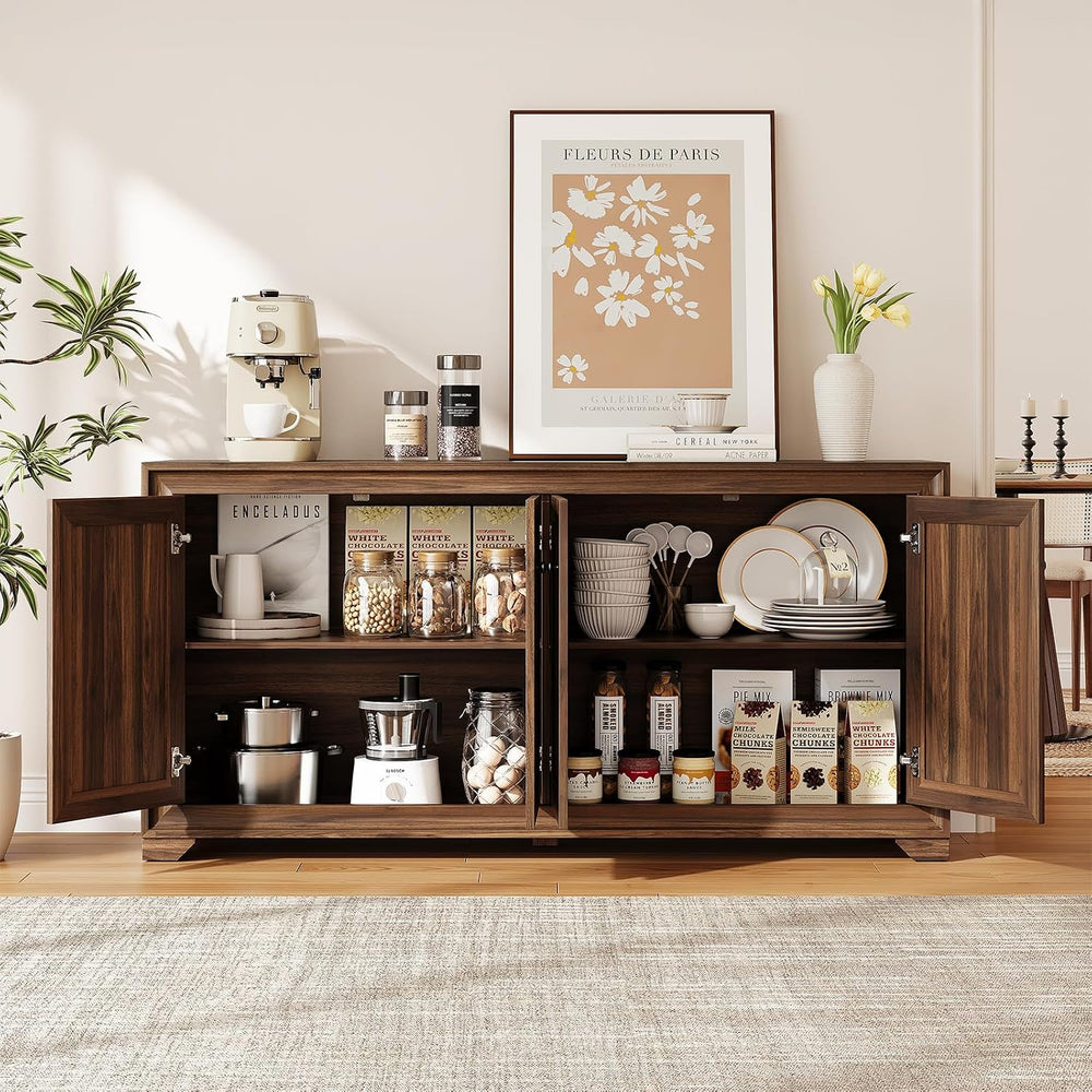 60" Buffet Cabinet with Storage, 4 Doors & Adjustable Shelves Brown