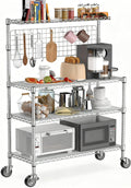 Leteuke Bakers Rack with Storage & Wheels, 42 Inch Microwave Stand Kitchen Shelves, 4-Tier Heavy Duty Storage Rack with 20 S-Hooks, Commercial Metal Utility Kitchen Cart, 42× 18× 63 Inch, Chrome