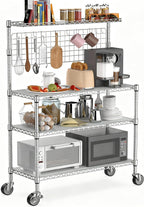 Leteuke Bakers Rack with Storage & Wheels, 42 Inch Microwave Stand Kitchen Shelves, 4-Tier Heavy Duty Storage Rack with 20 S-Hooks, Commercial Metal Utility Kitchen Cart, 42× 18× 63 Inch, Chrome