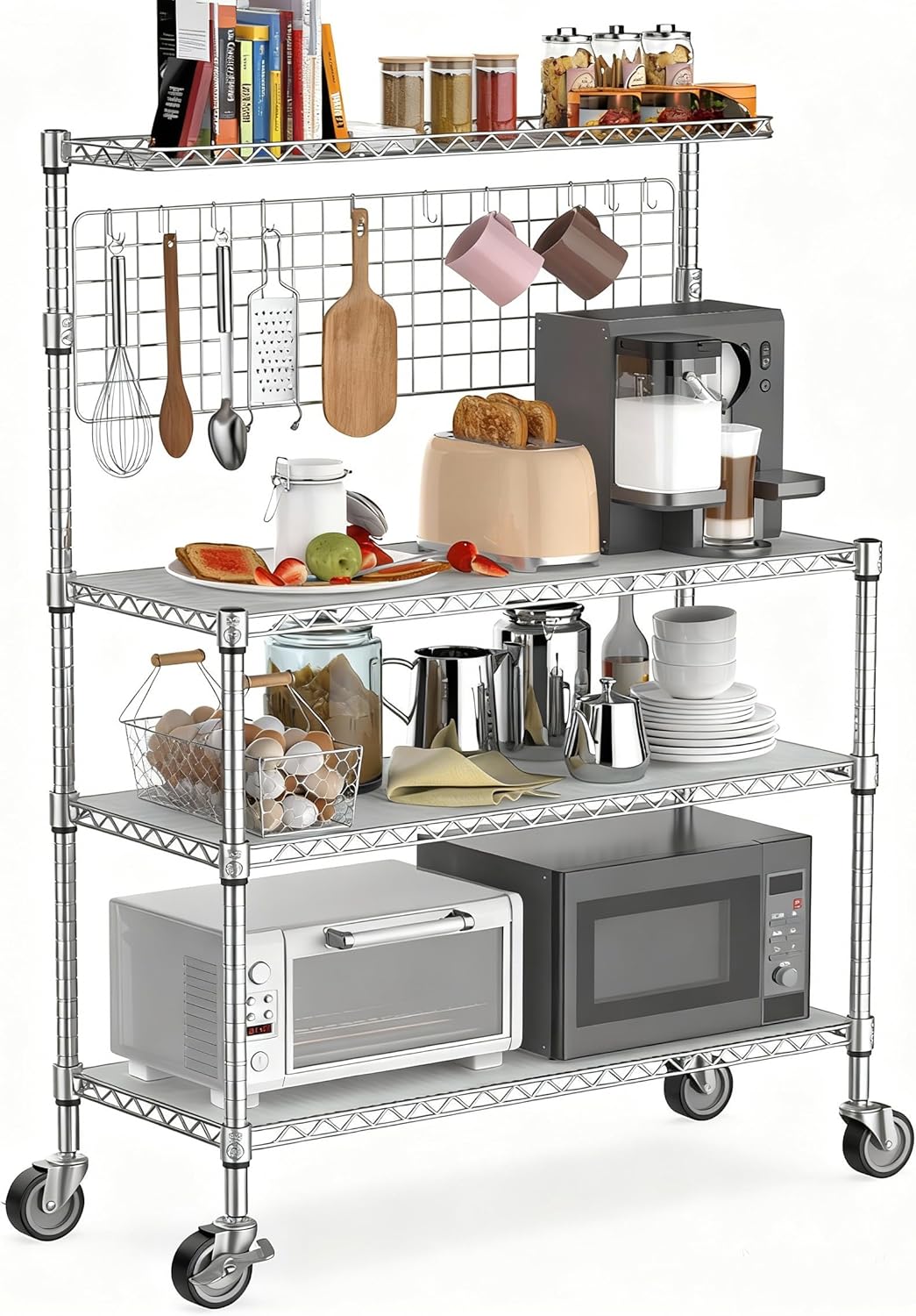 Leteuke Bakers Rack with Storage & Wheels, 42 Inch Microwave Stand Kitchen Shelves, 4-Tier Heavy Duty Storage Rack with 20 S-Hooks, Commercial Metal Utility Kitchen Cart, 42× 18× 63 Inch, Chrome
