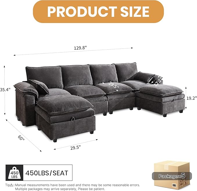 130" U Shaped Modular Sectional Sofa, Couch with Ottoman Storage, Chenille Cloud Couch with Plush Deep Seating for Living Room, Bedroom (Grey, 6 Seat)