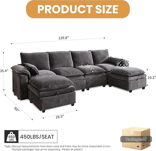 130" U Shaped Modular Sectional Sofa, Couch with Ottoman Storage, Chenille Cloud Couch with Plush Deep Seating for Living Room, Bedroom (Grey, 6 Seat)