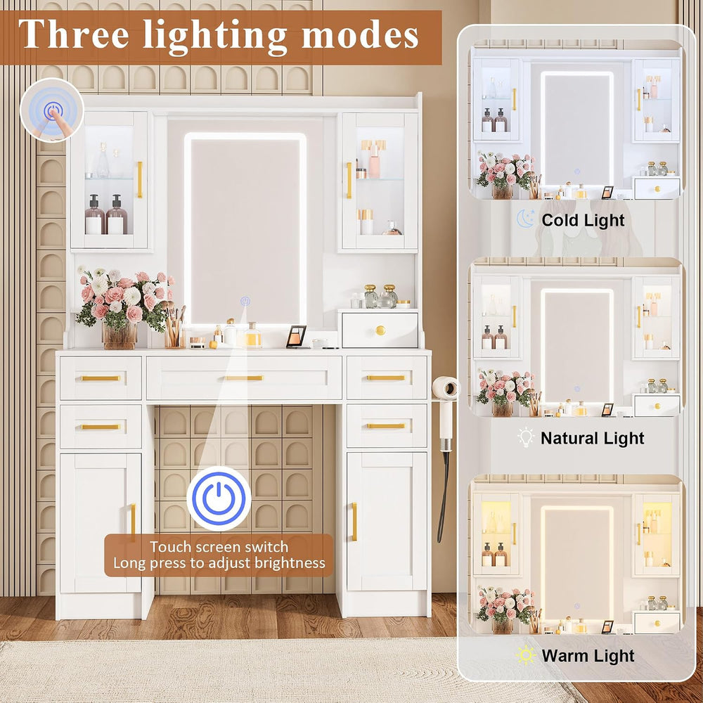 Vanity Table with Mirror and Lights, 5 Drawers, 2 Lighted Cabinets & 2 St...