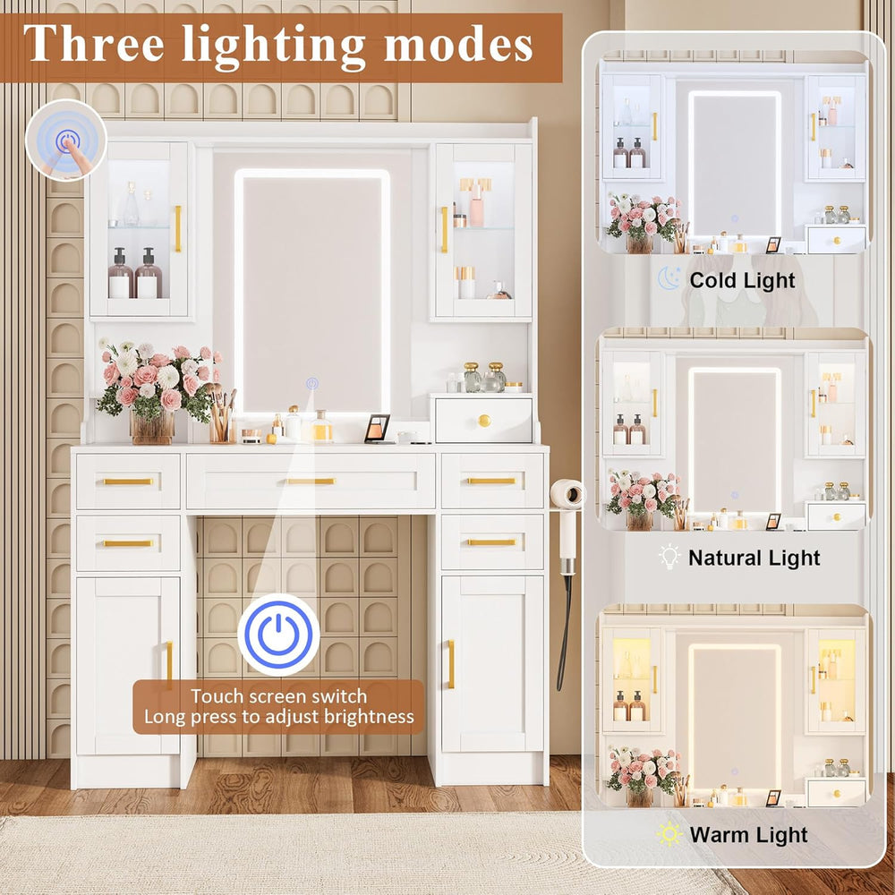 NUNU LAB 42.3 Inchs Large Vanity Desk with Mirror and Lights | 6 Drawers and ...