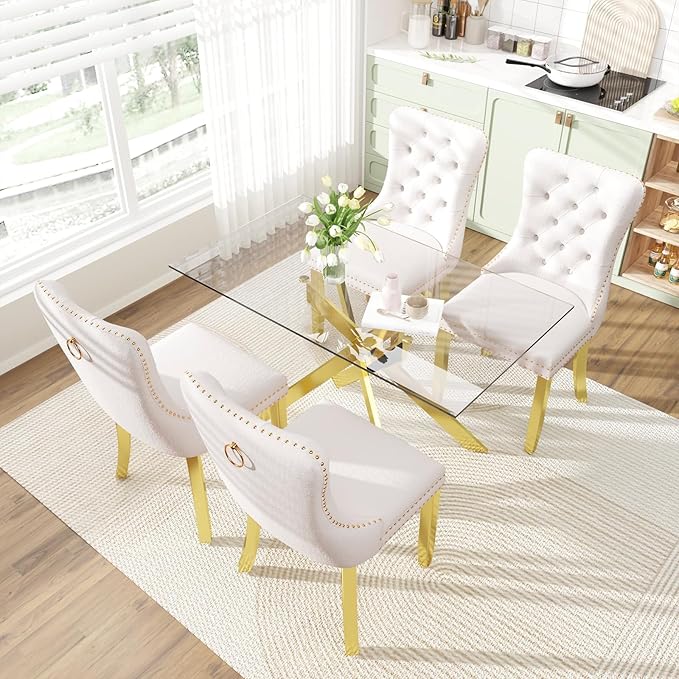 51 Inch Glass Dining Table Set for 4, Rectangular Glass Kitchen Table with 4 Upholstered Velvet Accent Chairs, 5 Piece Modern Dining Room Set, for Home, Apartment, Small Spaces - Beige Gold