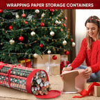 BALEINE Christmas Wrapping Paper Organizer Storage, 41" Gift Wrapping Paper Storage Containers, Clear PVC with Durable 600D Oxford Fabric Gift Wrap Paper Holder Fits 18-25 Rolls, Red