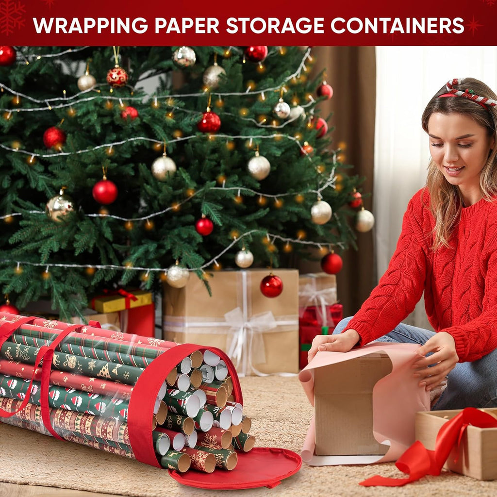 BALEINE Christmas Wrapping Paper Organizer Storage, 41" Gift Wrapping Paper Storage Containers, Clear PVC with Durable 600D Oxford Fabric Gift Wrap Paper Holder Fits 18-25 Rolls, Black