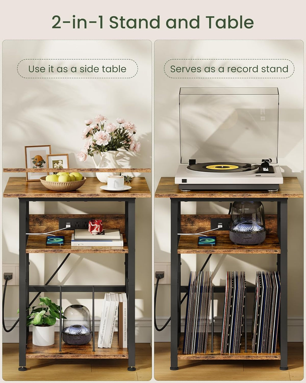 CHOEZON Record Player Stand with Power Outlet, Vinyl Record Storage Side Tabl...