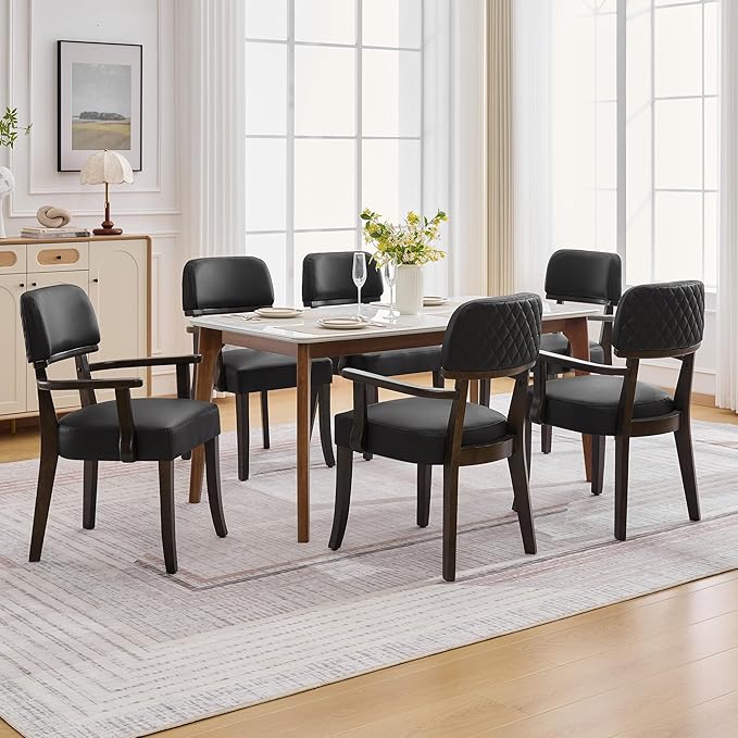 PU Leather Dining Chairs with Arms Set of 2, Upholstered Dining Room Chairs with Hardwood Legs & Open Curved Backrest,Modern Accent Kitchen Chairs 350 LBS Capacity, Black