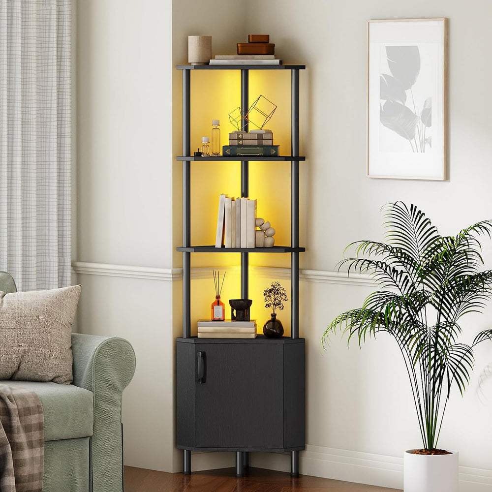 HOOBRO Corner Cabinet with LED Light, Corner Shelf Stand with Storage and Doo...