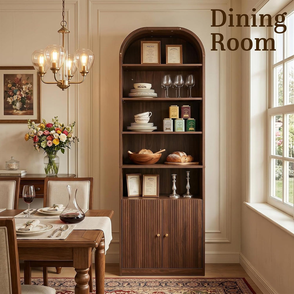 71" Tall Arched Bookshelf with Door, 7 Tiers Arched Bookcase with Storag...