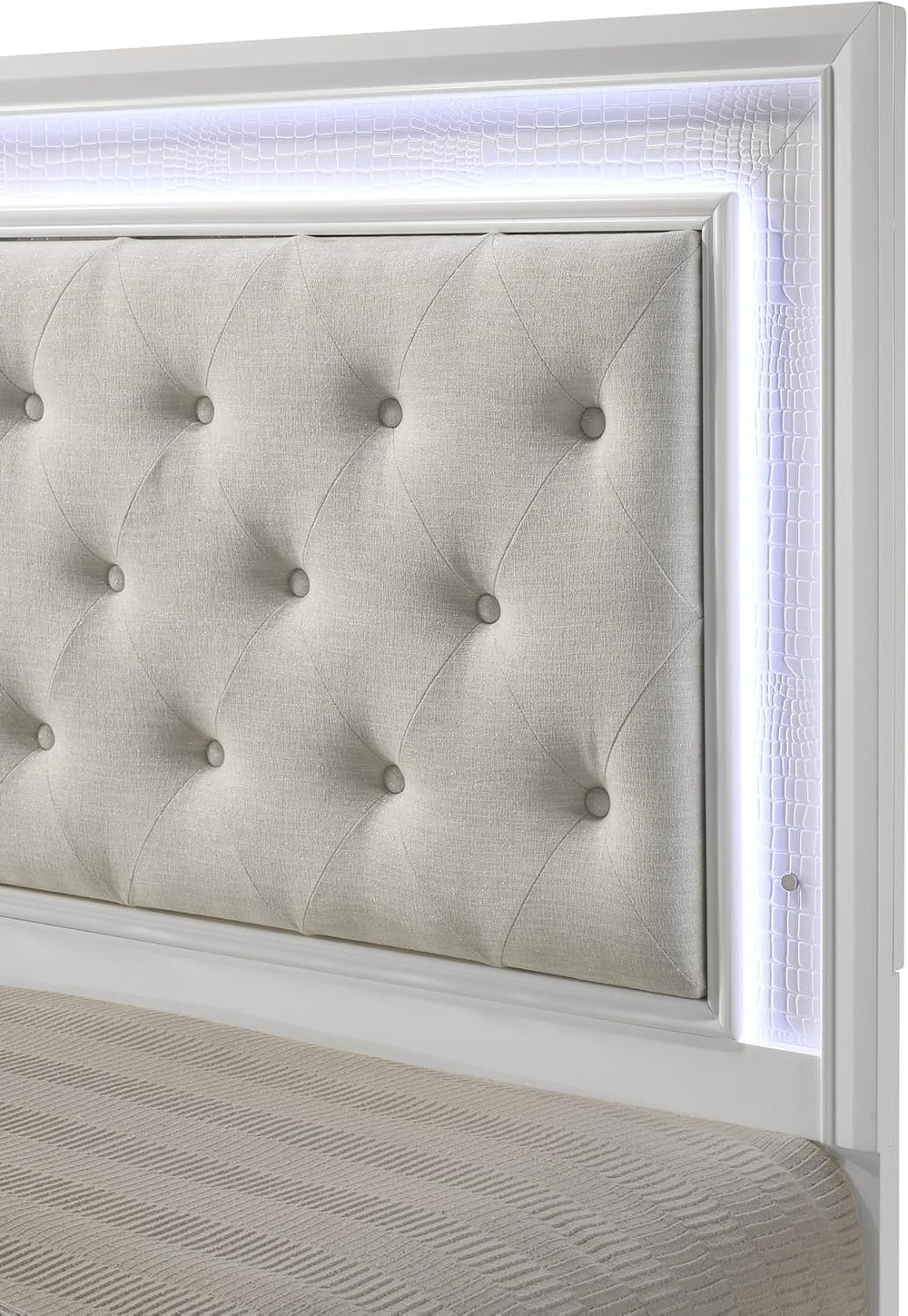Modern Queen Size 1pc Bed Crisp White Textured Finish Tufted Headboard Integr...