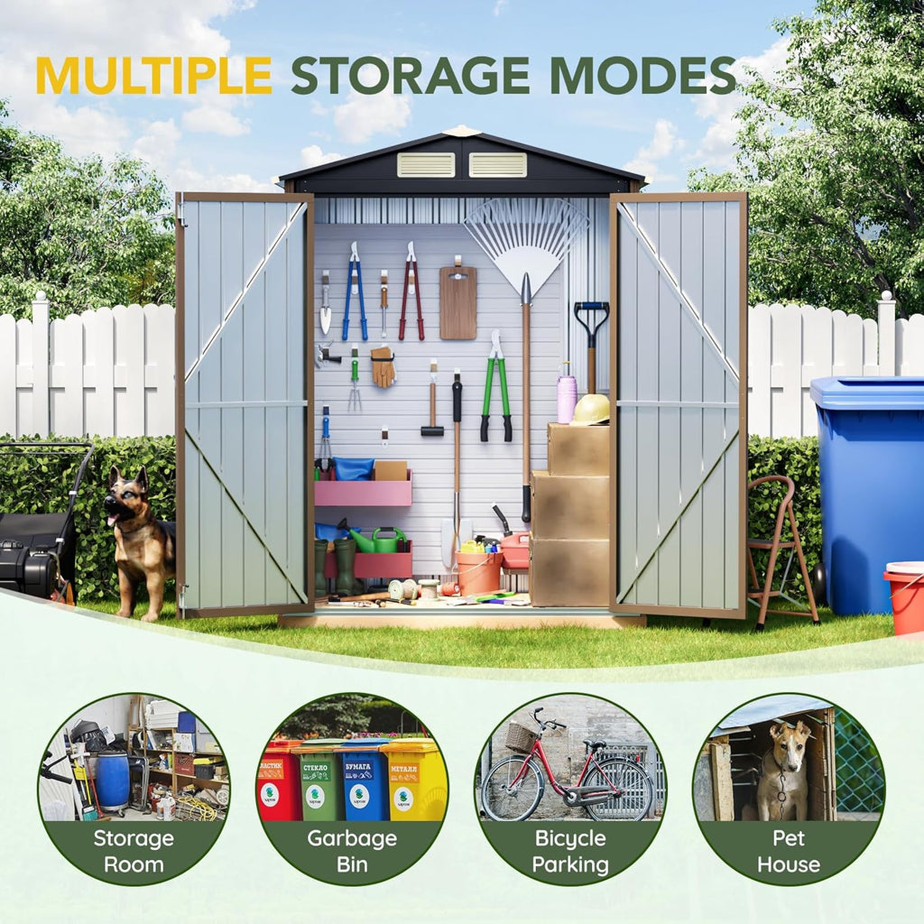 Breezz 5x3FT Outdoor Steel Storage Shed, Lockable Doors, Compact Metal Tool Shed for Garden, Backyard, Patio, Utility, and Bike Storage,Brown