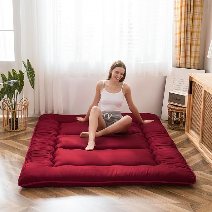 MAXYOYO Japanese Floor Mattress Futon Mattress, 4" Thicken Tatami Mat Sleeping Pad Foldable Roll Up Mat Boys Girls Dormitory Pad Kids Floor Lounger Pillow Bed, Charcoal Grey, Queen Size