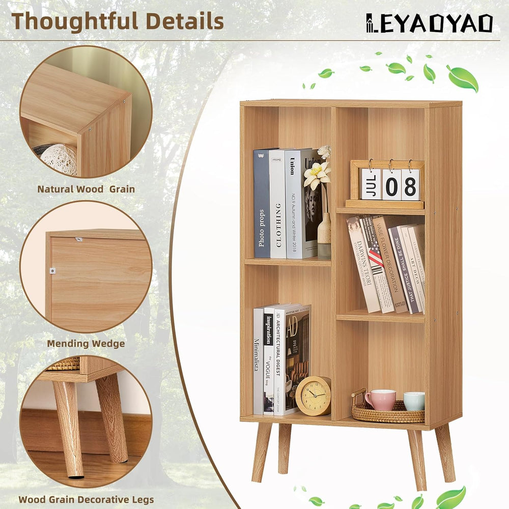 LEYAOYAO Wooden 5 Cube Bookshelf, Natural 3 Tier Book Shelf with Legs, Modern...