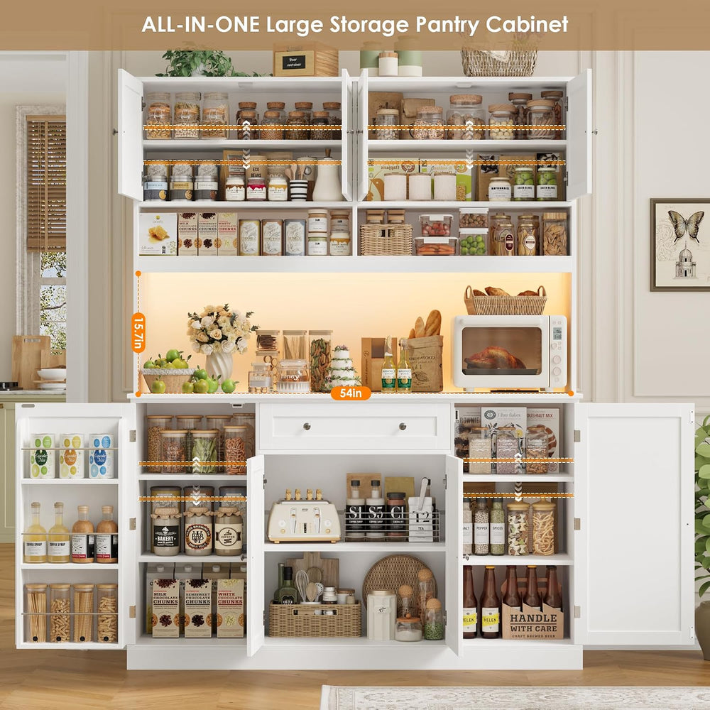 HIFIT 72.8”Hx55”W Pantry Cabinet with LED & Charging Station, Kitchen Hut...