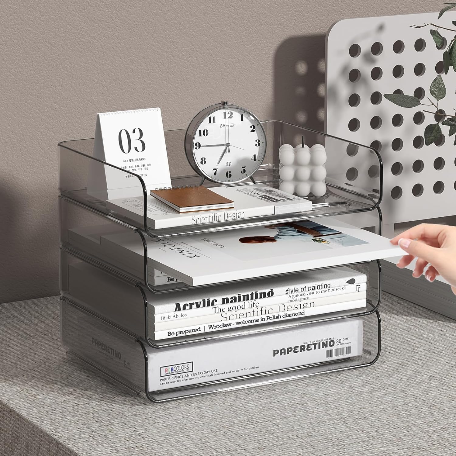 4-Tier Acrylic Paper Tray Organizer - Low-Profile Desk File Sorter for Office/Home, Brown Stackable Letter Tray for Bills, Crafts, Notebooks