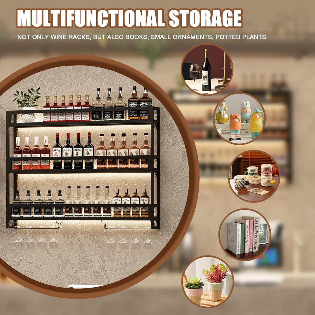 Wine Rack Wall Mounted with LED Light,Bar Liquor Shelf,Black,100cm | Metal,3-Tiers,Wine Glass Holder,Industrial Liquor Bottle Display Storage Shelf,for Home Bar, Dining Room