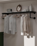 Clothes Rack 48in, Wall Mounted Garment Racks with Real Black Wood Shelf, Heavy Duty Hanging Clothes Rack, Multi-Purpose Hanging Rod, Space-Saving Closet Storage