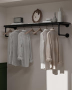 Clothes Rack 48in, Wall Mounted Garment Racks with Real Black Wood Shelf, Heavy Duty Hanging Clothes Rack, Multi-Purpose Hanging Rod, Space-Saving Closet Storage
