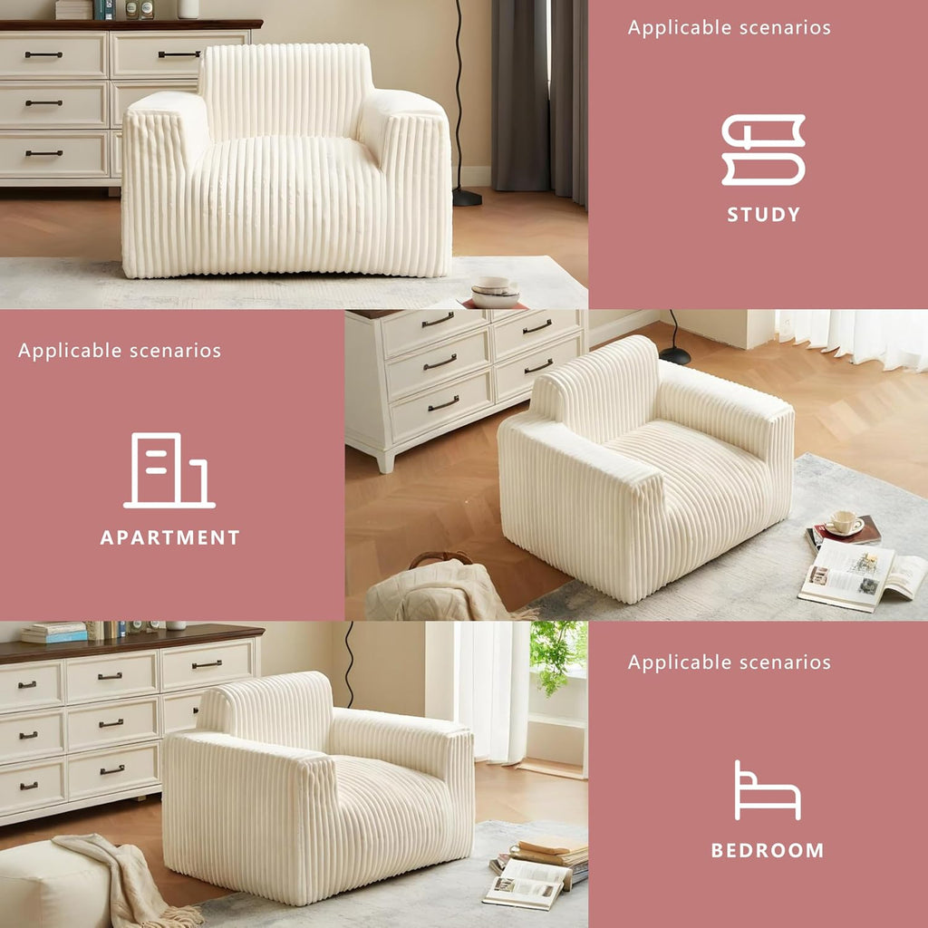 Premium Beige Bean Bag Chair for Adults with Armrest- Ultra Plush Memory Foam Lounge Sofa & Comfy Reading Nook Chair for Bedroom, Living Room & Dorm (White, Cloudnook)