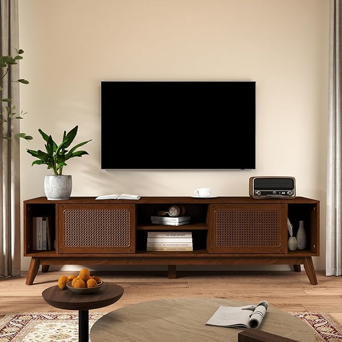 Ball & Cast 68" Mid Century Modern TV Stand for TVs up to 75", Media Console with Rattan Sliding Doors, Open Shelves & Solid Wood Legs, Entertainment Center for Living Room,Bedroom,Walnut