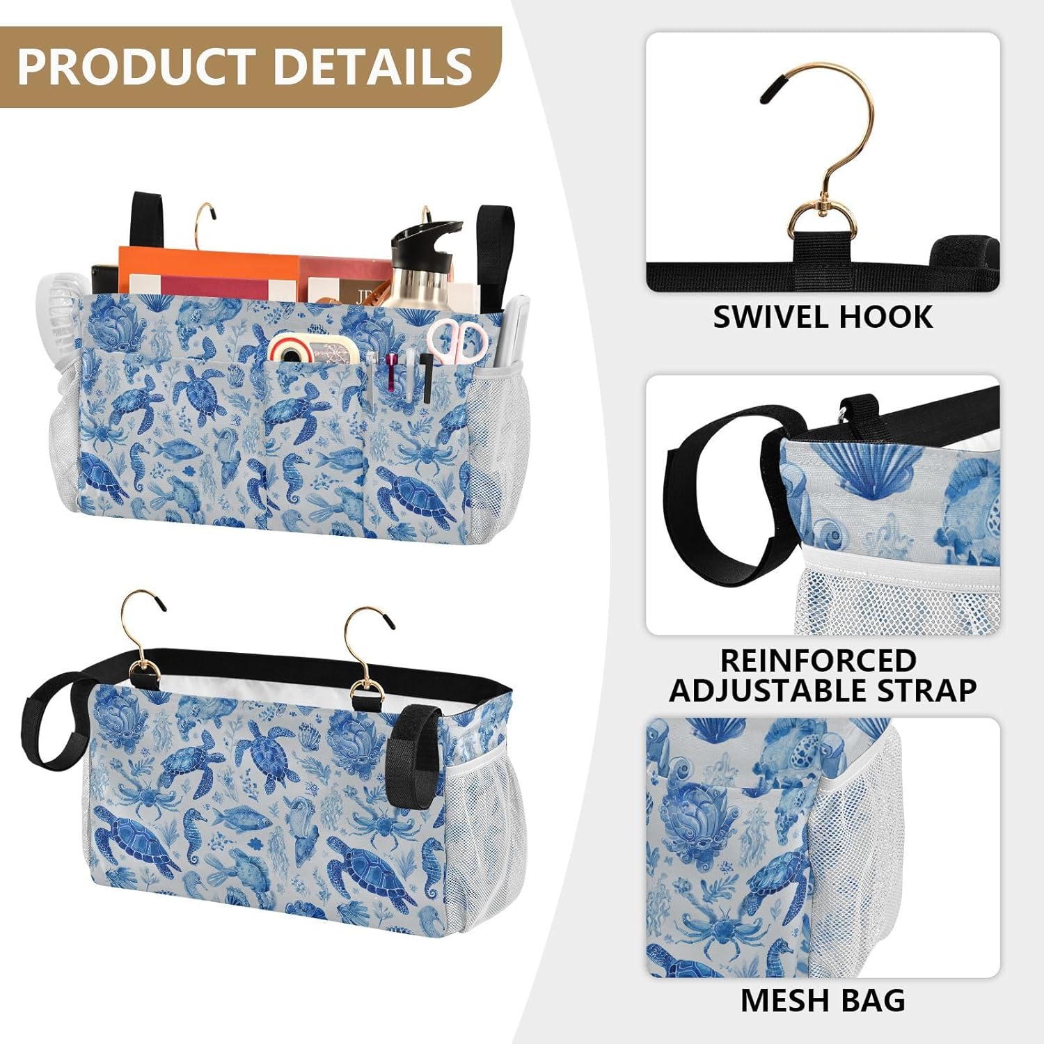 Ink Blue Turtles Fish Crabs Bedside Caddy for Dorm Bed Bedside Hanging Caddy Bag Iron Frame Storage Organizer Pocket for Bunk Home College Hospital Beds 2 Hooks