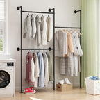 Industrial Pipe Clothing Rack Wall Mount, Black Pipe Clothes Rack with 3 Hanging Rods, Heavy Duty Pipe Clothing Rack for Laundry Room, Closet Systems for Walk in Closets