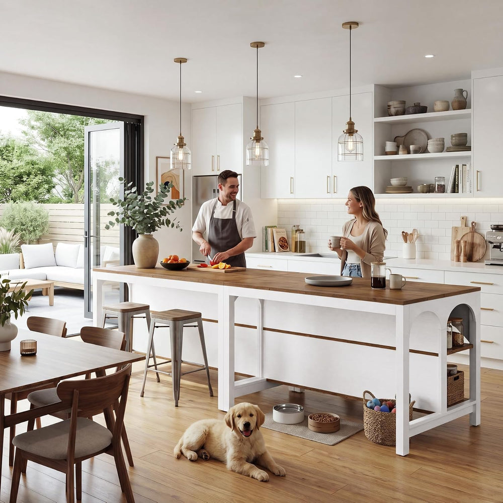 Tribesigns 55" Kitchen Island with 2-Tier Shelves and Seating | Wood Sta...