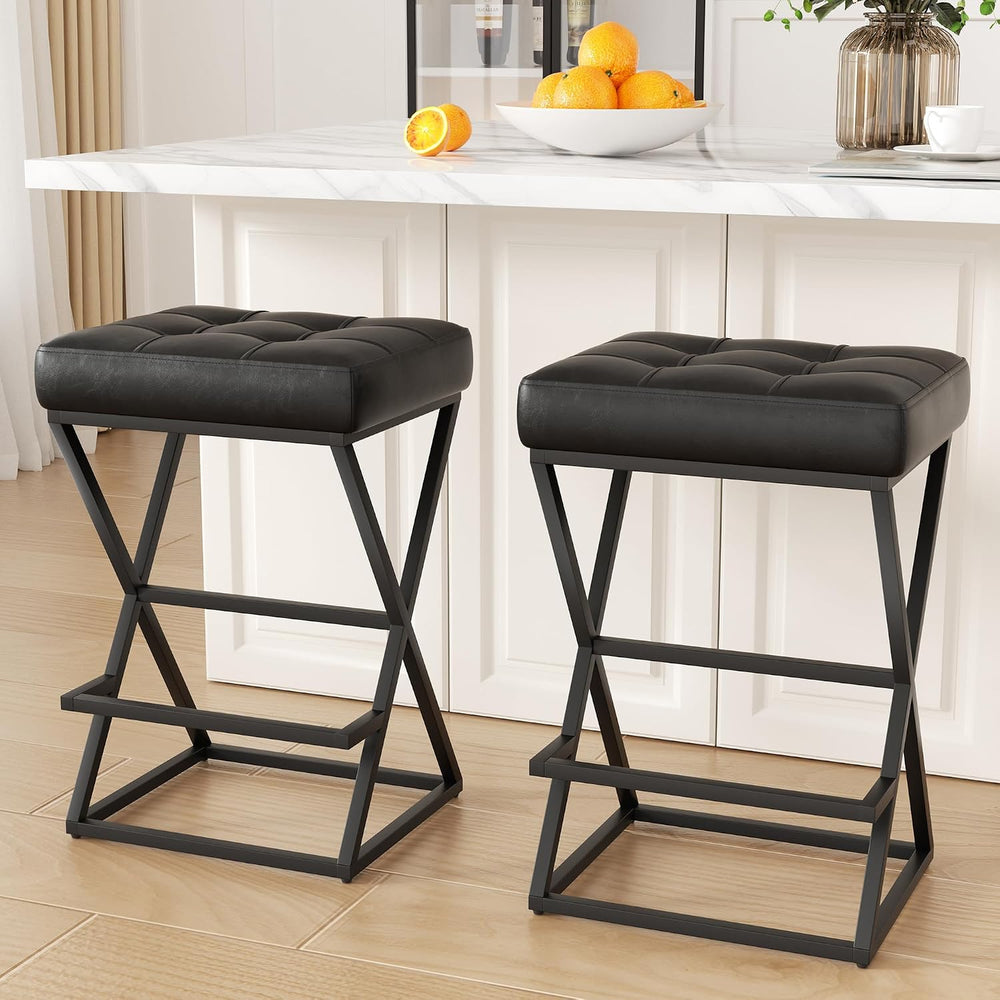 Bar Stools Set of 2, 26" Leather Counter Height Bar Stools, Black