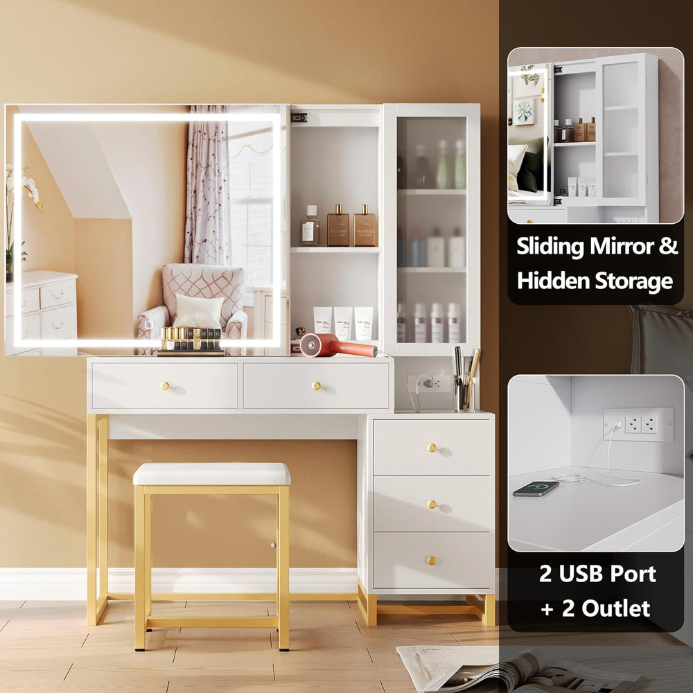 Extra Large Modern Makeup Vanity Table Set with Sliding Lighted Mirror, Charg...