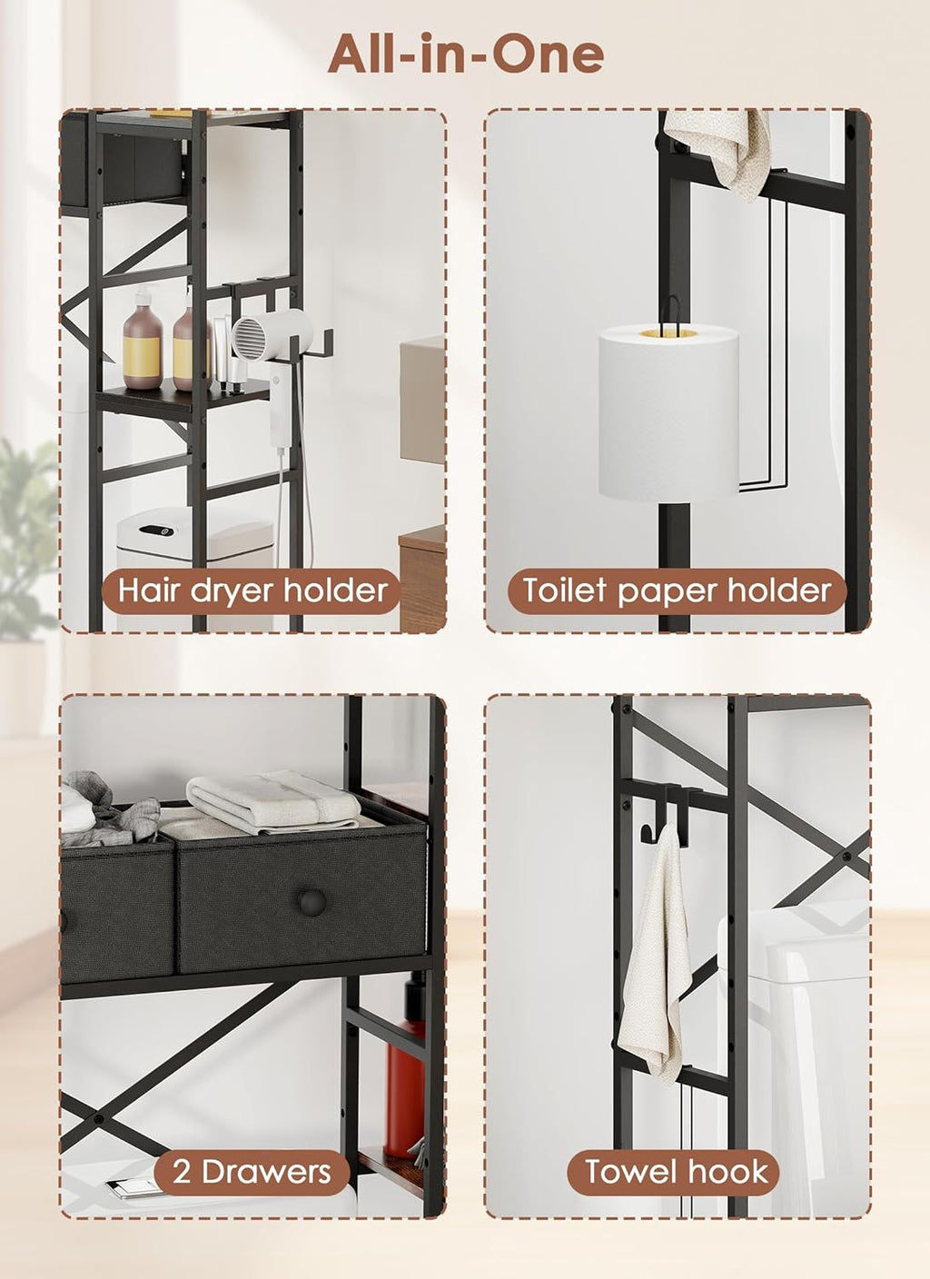 Over The Toilet Storage Rack, 7-Tier Over Toilet Bathroom Organizer with Adjustable Shelf, Above Toilet Storage Cabinet with Hooks, Space-Saving, Black Shelf