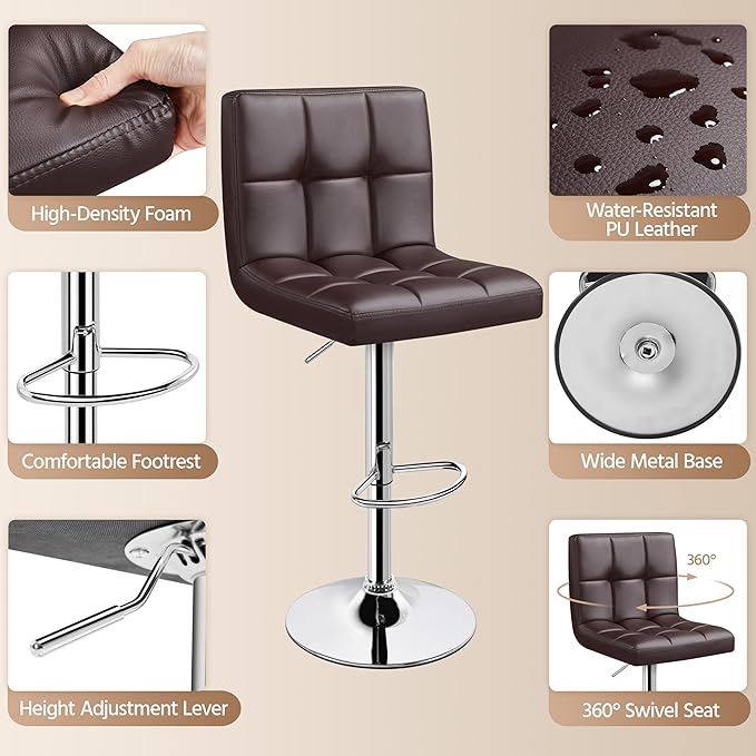 Yaheetech Bar Stools Set of 2, Adjustable PU Leather Swivel Barstools, Modern Counter Stools with Back and Footrest, Counter Height Barstools for Bar, Kitchen, Dining Room, Brown