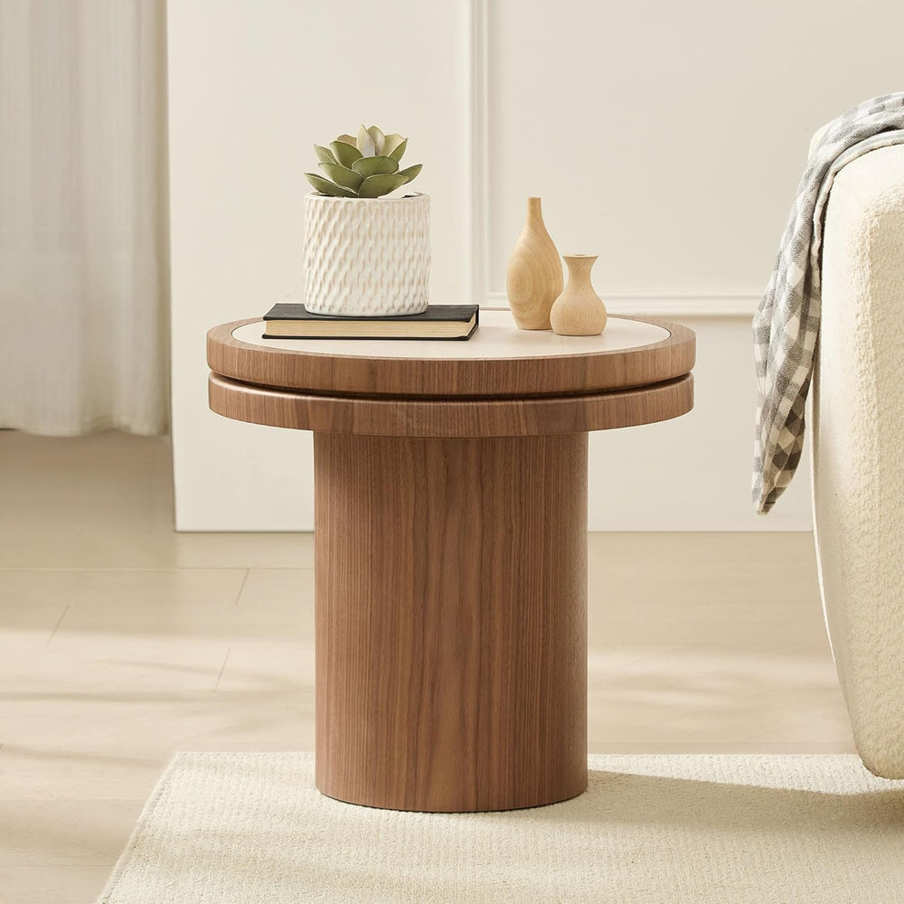 LKTART 19.49 Inch Round End Table with Sintered Stone Top, Mid-Century Modern...