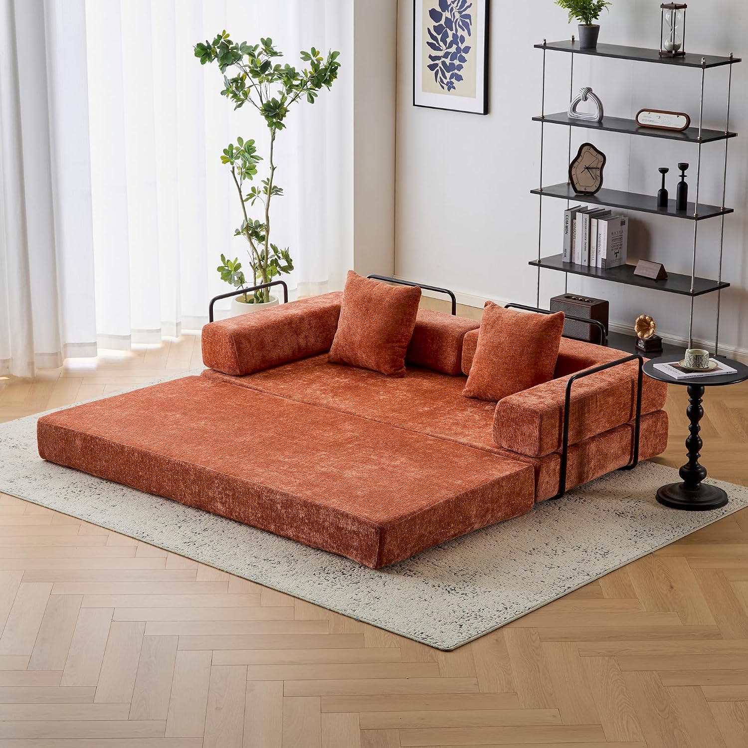 ZEIINPA Convertible Floor Sofa Bed with Fixed-Shape Frame, Modular Chenille Folding Mattress Couch with Armrest, Floor Sofa Lounge Couch for Living Room Bedroom Lounge Studio,Burnt Orange