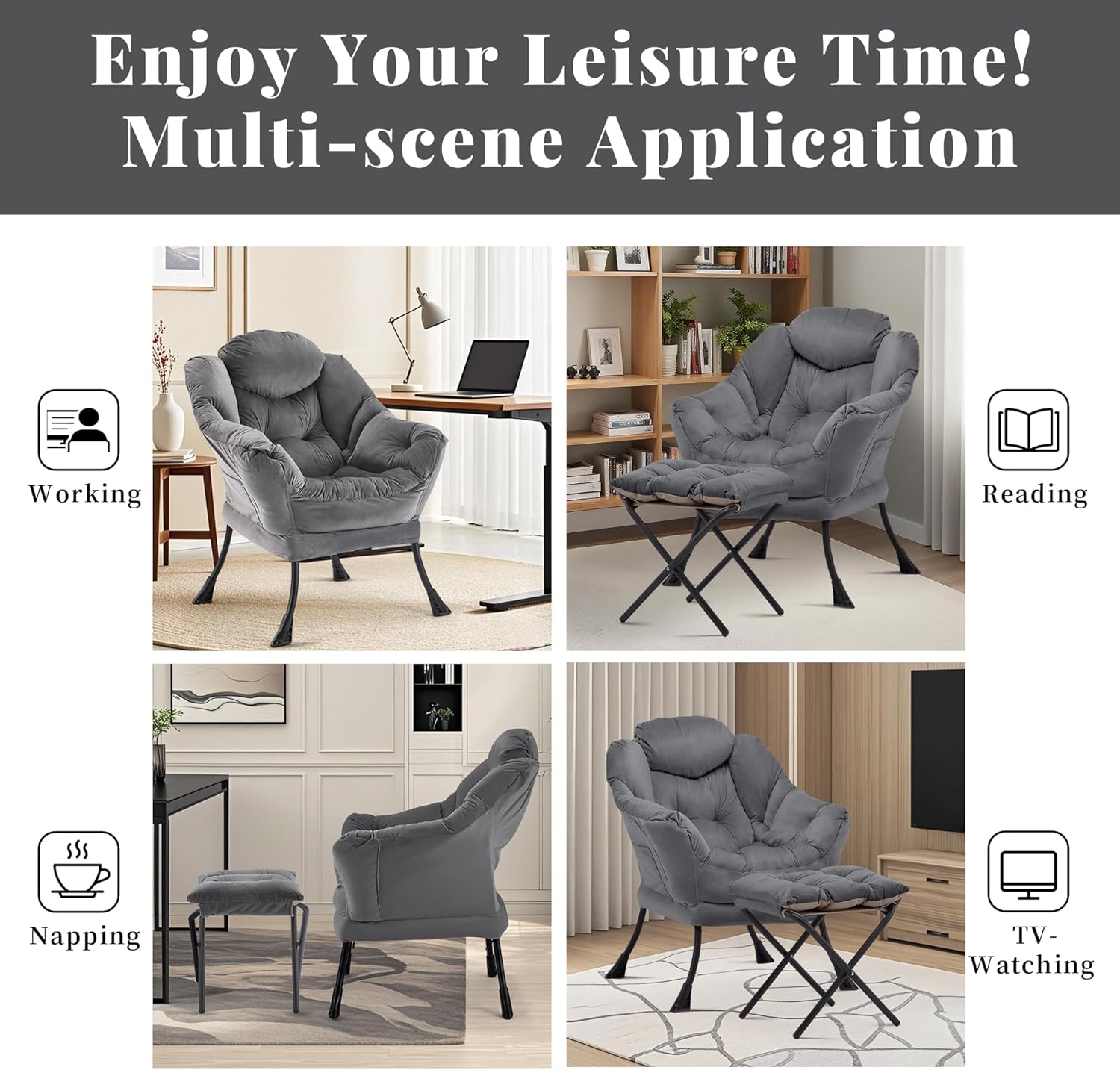Lazy Chair with Ottoman, Comfy Accent Lounge Chair with Side Pocket, Modern Reading Armchair with Footrest, Upholstered Sofa Chair for Small Spaces, Bedroom, Living Room, Dorm, Darkgrey