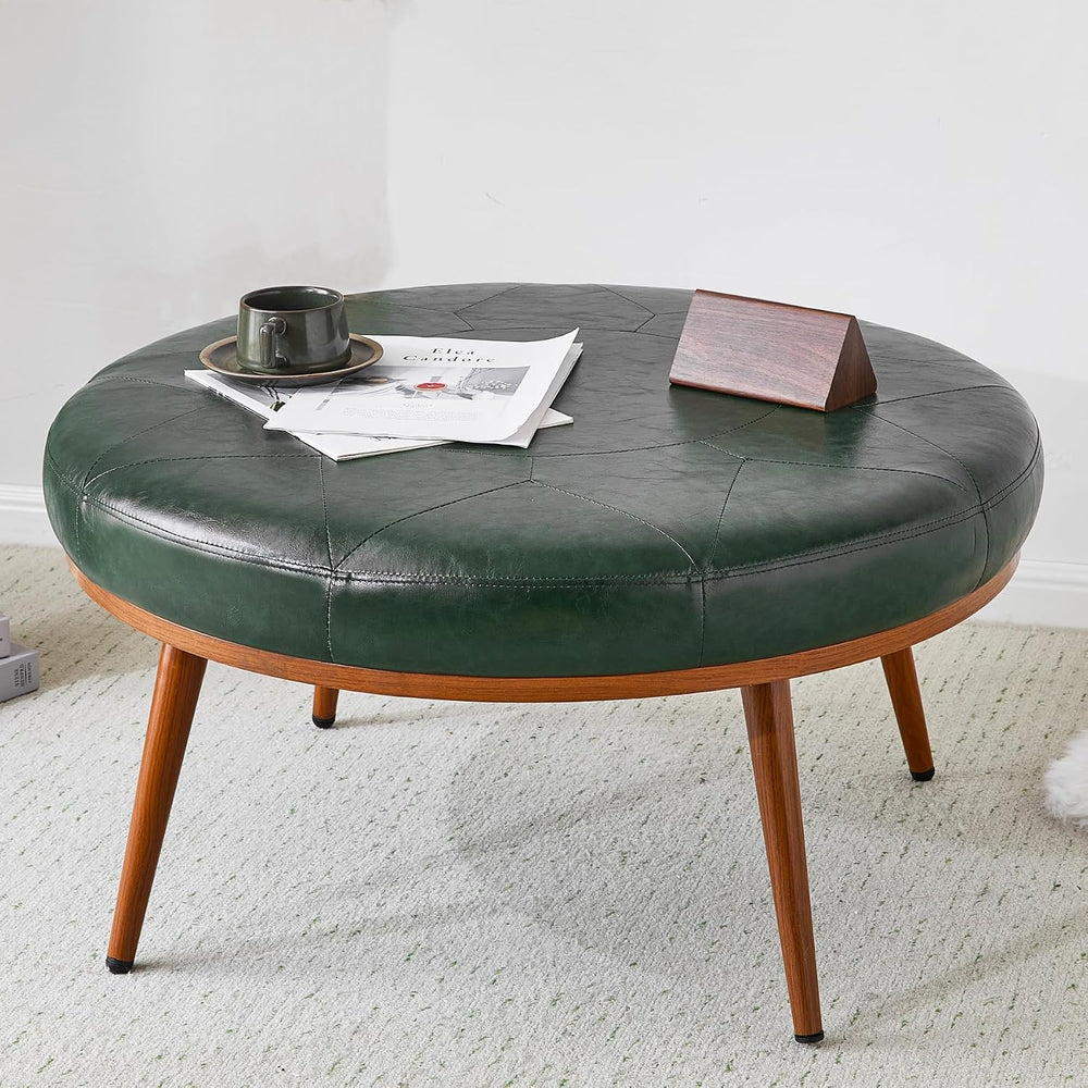 Round Ottoman, Large Faux Leather Footstool and Coffee Table, Cushioned Backl...