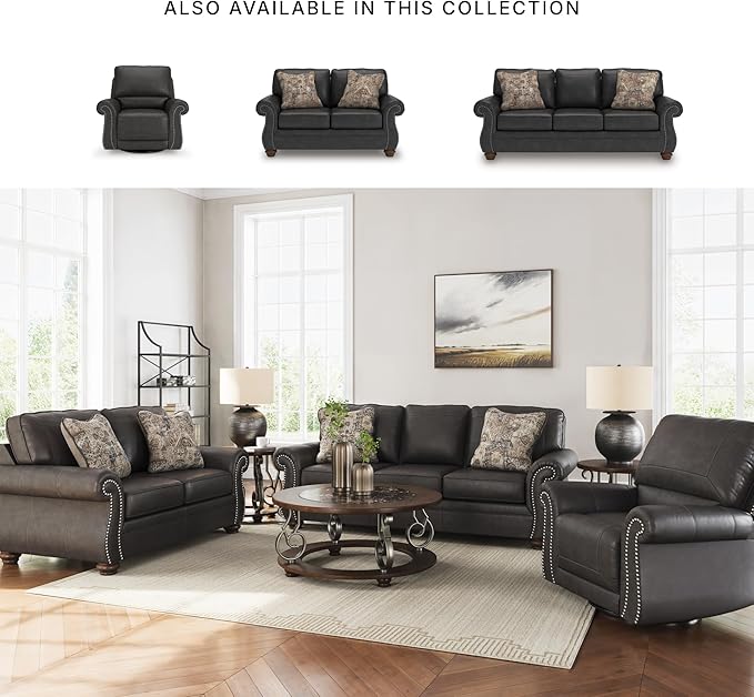 Signature Design by Ashley Shadsburne Rustic Faux Leather Sofa with Nailhead Trim and 2 Chenille Throw Pillows, Pillows With Soft Polyfill, Reinforced Frame For Added Stability, Black