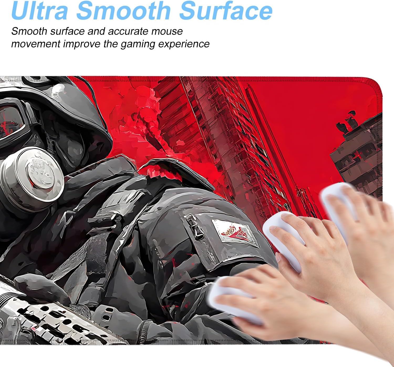 Tactical Soldier Gaming Mouse Pad – 31.5" x 11.8" Extended Desk Mat with Red Urban Battle Scene – Non-Slip Base, Smooth Surface for Gamers & Office Use