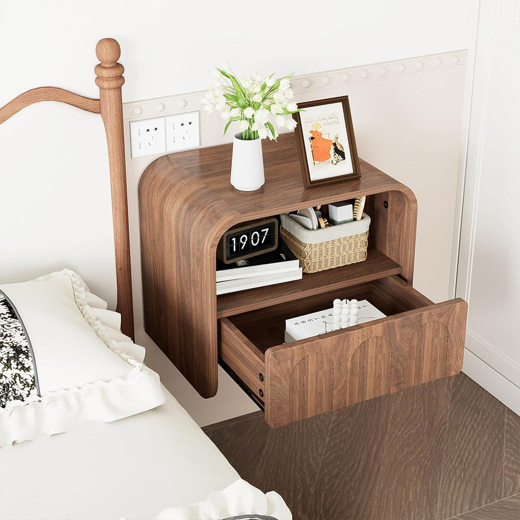 Floating Nightstand Set of 2, Small Night Stand with Drawer and Open Storage Shelf, Modern Wall Mounted Bedside Table, Farmhouse Wooden Nightstands for Bedroom, Living Room